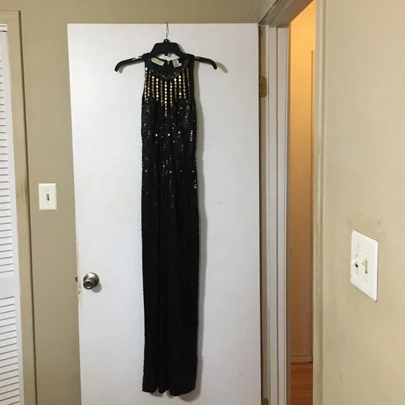 Niteline by Della Roufogali Black Gold Full Length Sequined Formal